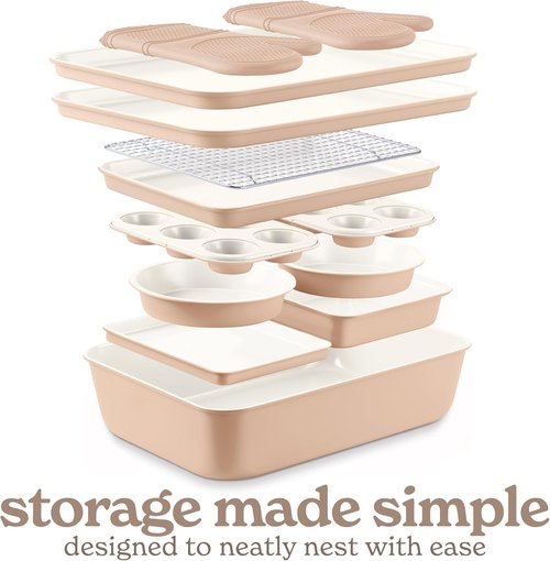 Country Kitchen Nonstick Bakeware Set - Deluxe Heavy Duty, Easy Release, Taupe | 13 Pcs with Handles