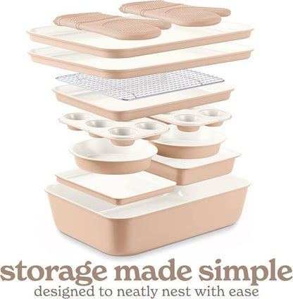 Country Kitchen Nonstick Bakeware Set - Deluxe Heavy Duty, Easy Release, Taupe | 13 Pcs with Handles