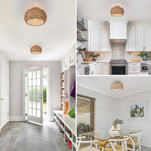 DSLITING Rattan Chandelier Boho Ceiling Light Fixtures Drum Flush Mount Ceiling Light Small Woven Chandelier for Kitchen Bedroom Hallway Nursery Light Fixture