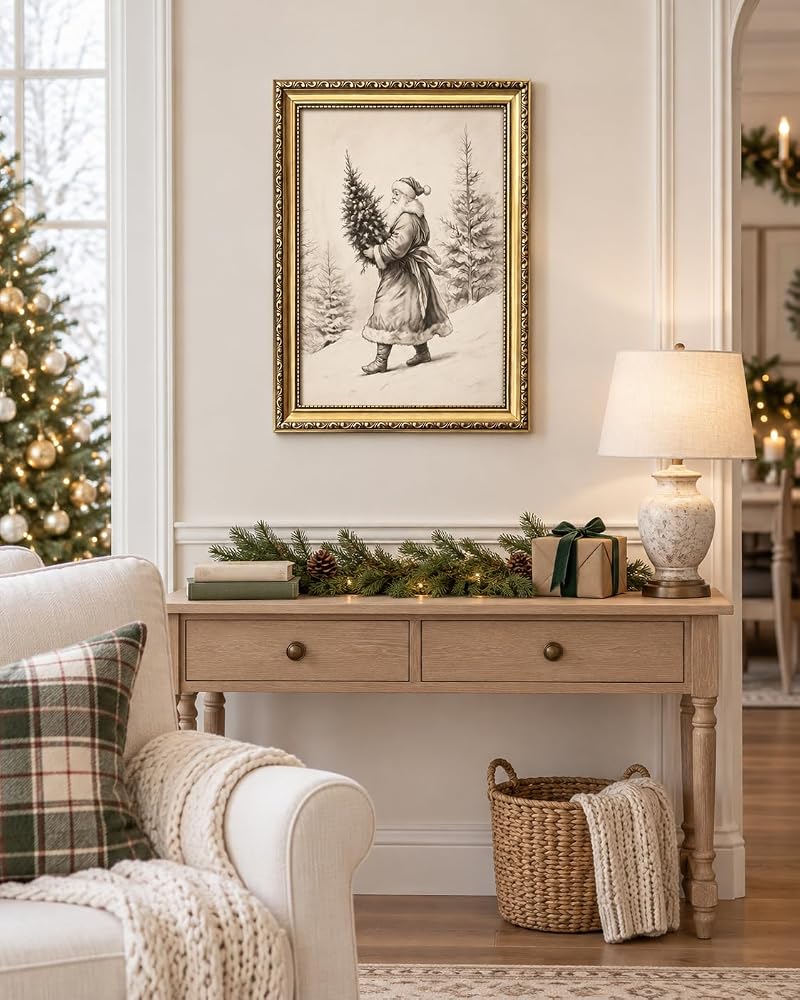 A-Tree Framed 24x16 Santa Wall Art - Vintage Gold Frame Christmas Canvas Print