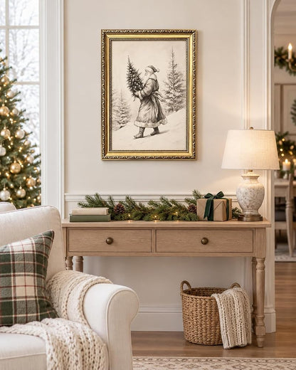 A-Tree Framed 24x16 Santa Wall Art - Vintage Gold Frame Christmas Canvas Print