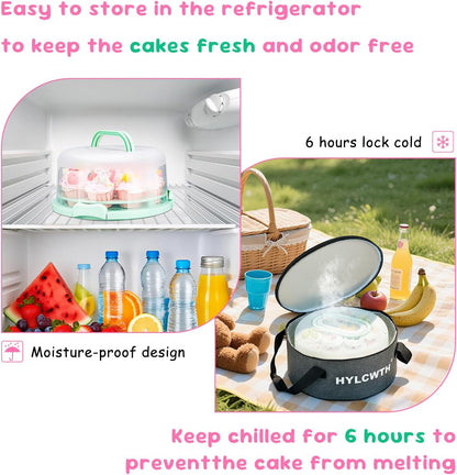 Skiennix Cake Carrier - BPA-Free 10-Inch Round Cake Holder with Lid & Handle | Includes 10 Golden Cake Boards & Insulated Bag