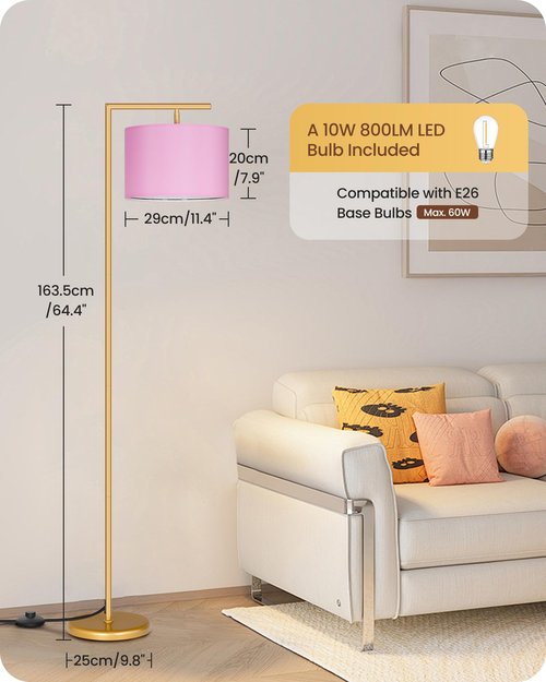 GOEBLESON Modern Gold Arc Floor Lamp, Corner Tall Lamp with Remote, Arched Reading Light with Fabric Shade, Floor Lighting for Living Room, Bedroom, Office, Study, Pink, LED Bulb Included, DP11LD05