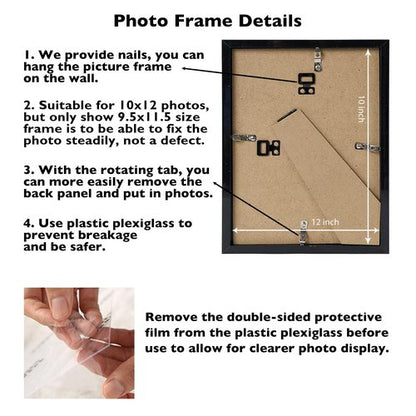 JCJMY 10x12 Picture Frame Black for Wall Hanging, Wall Mounting Horizontally or Vertically, 10 x 12 Wall Gallery Poster Photo Frame with Shatter Resistant Plexiglass, Black