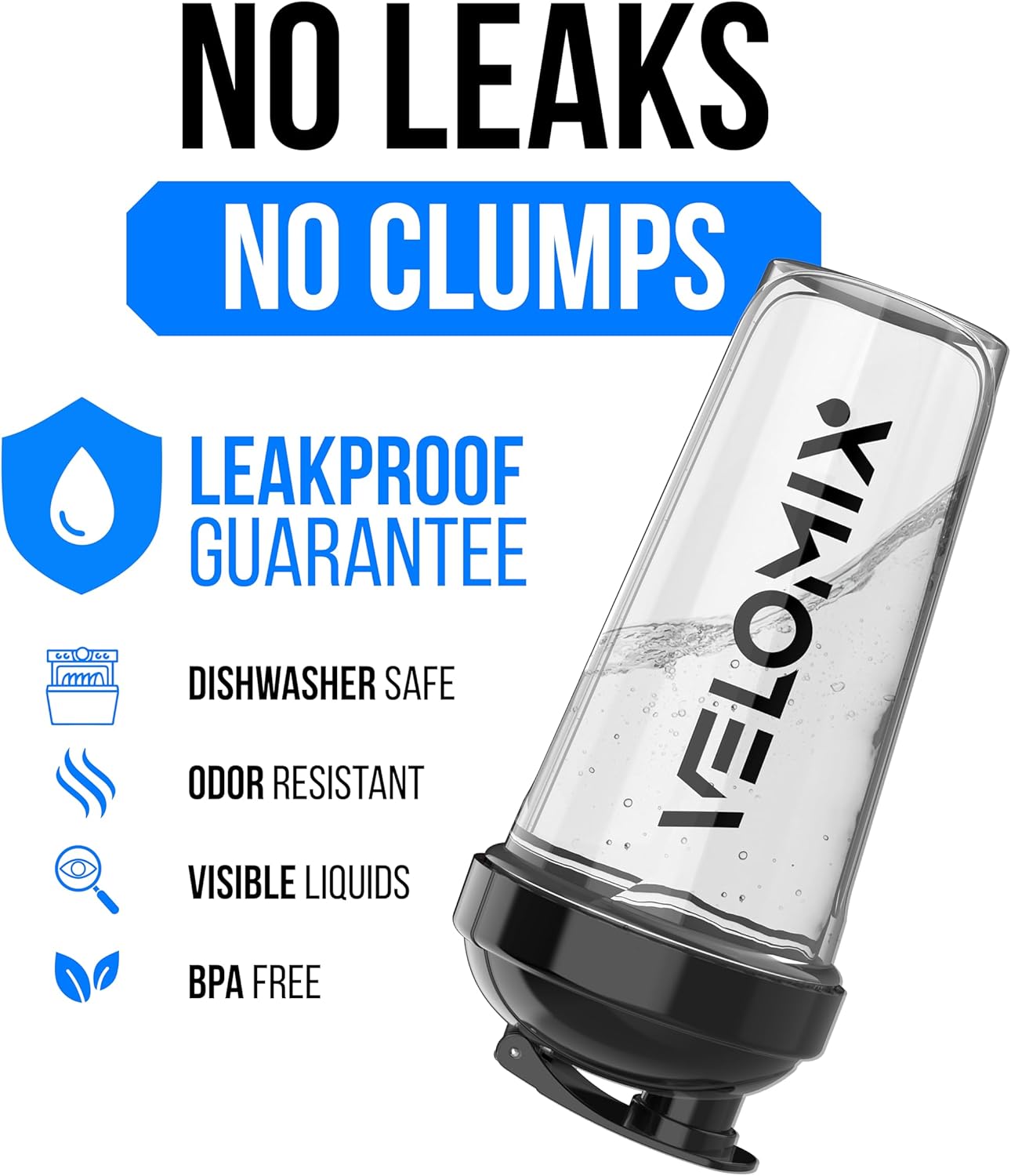 Velomix Protein Shaker Bottles - 28 oz Leak Proof Design with 2 Wire Whisks | 2-Pack (Black/Transparent)