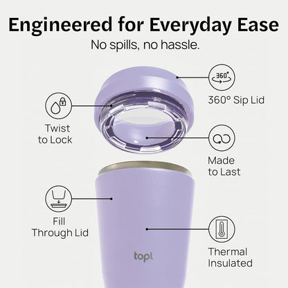 TOPL To Go Coffee Cup - Insulated Stainless Steel Travel Mug with 360° Leak-Safe Lid | Lavender, 16 oz