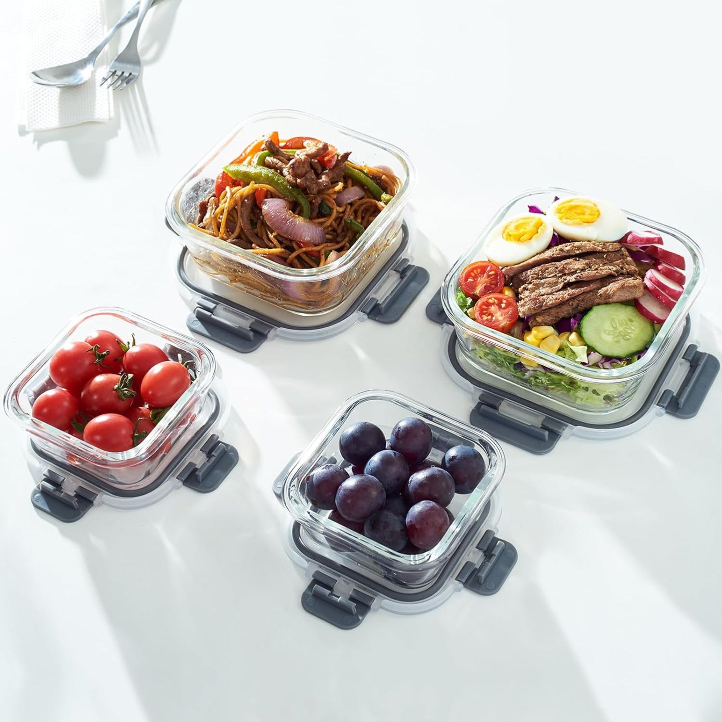 Regine Switzerland Glass Food Storage Containers - Airtight & Leak Proof, 4 Pack, BPA Free, Grey