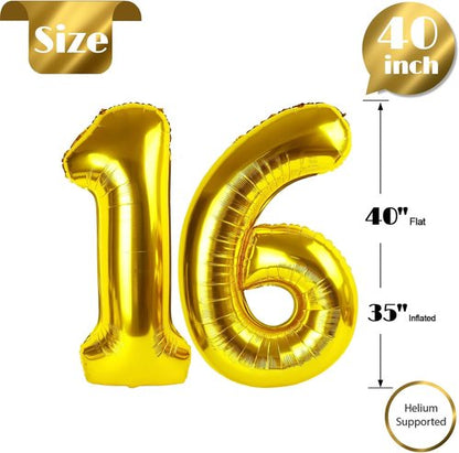 Gold Number 16 Balloon - 40 Inch Golden Birthday Decoration for 16th Party | Perfect for Boys & Girls