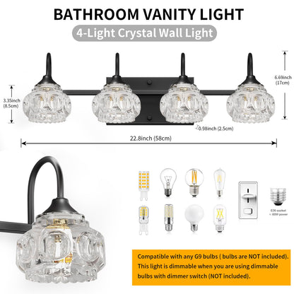 DIKAIDA 4-Light Bathroom Vanity Light Fixtures, Matte Black Modern Vanity Lights with Crystal Glass Shade, Over Mirror Modern Wall Lights for Kitchen Dinning Room Bedroom Balcony Hallway