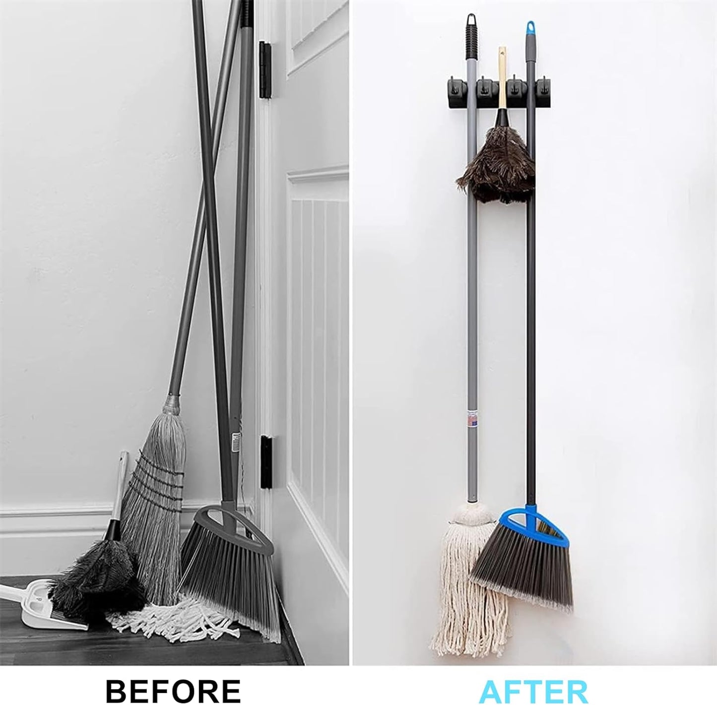 Wall-Mounted Broom and Mop Holder by [Brand Name] - 3 Slots & 4 Hooks Organizer for Home, Garage, and Garden