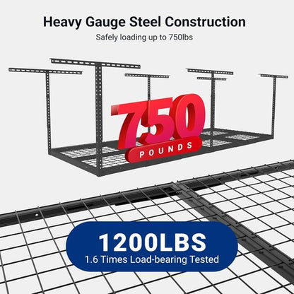 FLEXIMOUNTS Overhead Garage Ceiling Storage Rack - Adjustable Heavy-Duty Metal | 750lbs Capacity, Black