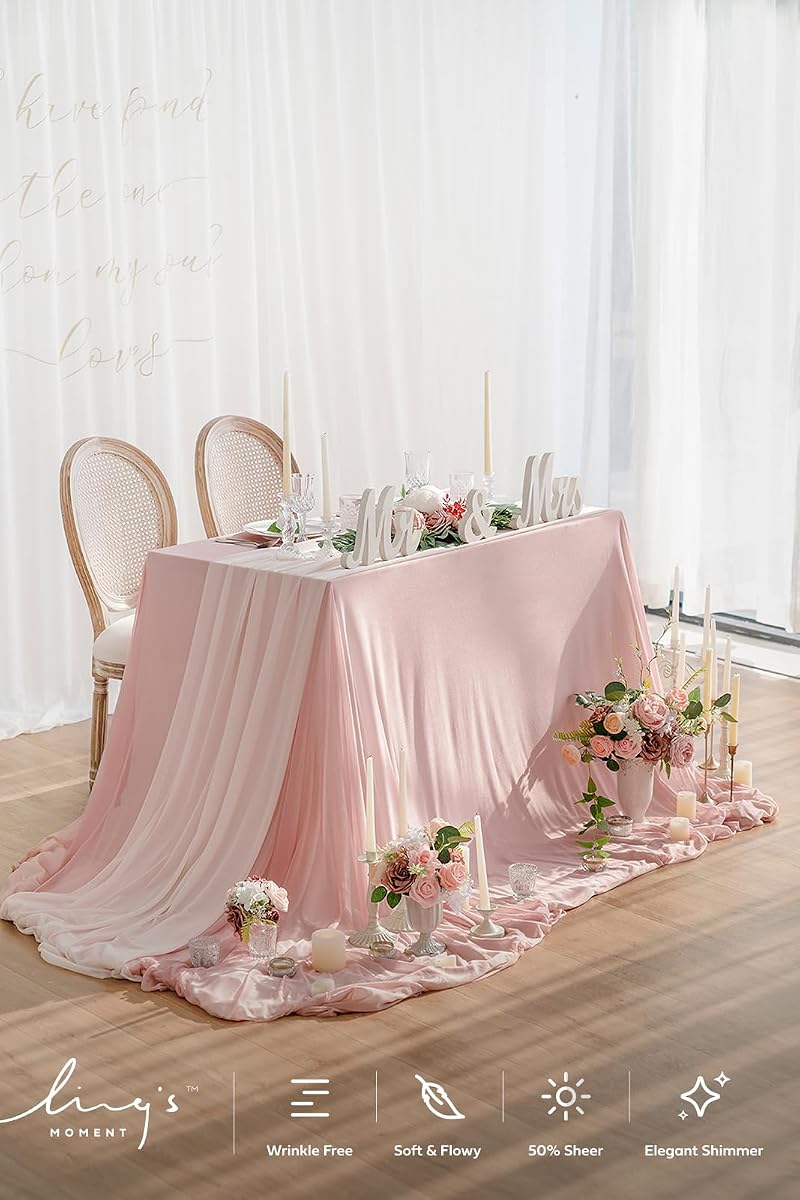 Ling's Moment Sheer Chiffon Table Cloth & Runner Set 9ft x 10ft Dusty Rose