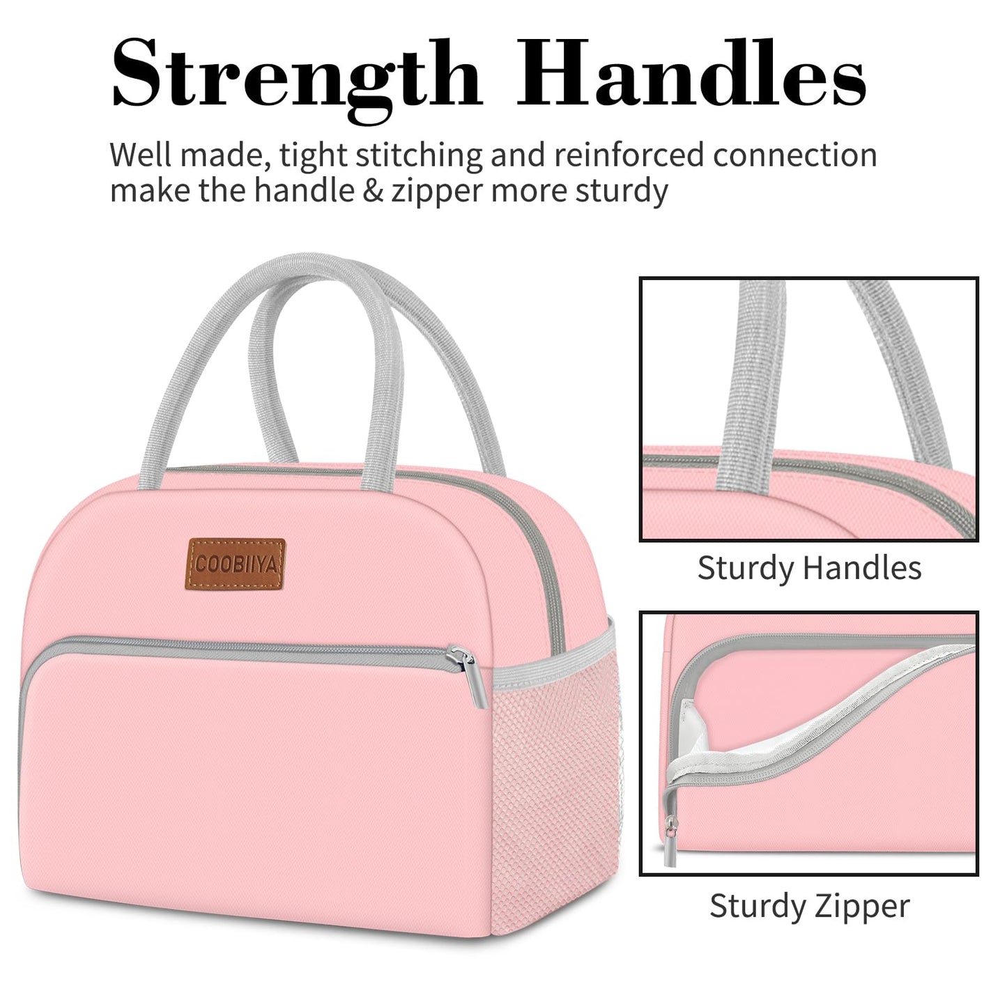 Coobiiya Lunch Bag for Women Men, Insulated Reusable Picnic Bag, 10.8"L x 6.3"W x 8.85"H, Pink