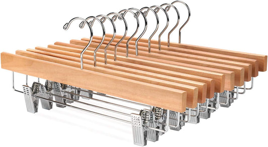 Nature Smile Deluxe Wooden Pants Hangers - Solid Lotus Wood with 2 Adjustable Clips | Pack of 10 (Natural)