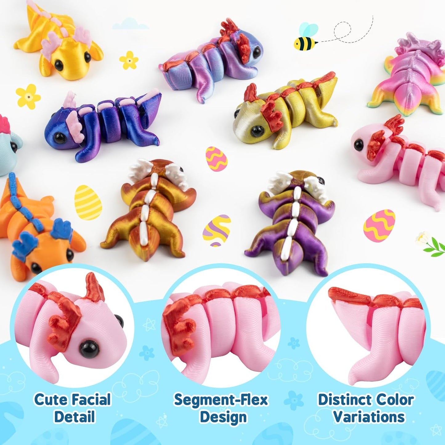 Skiennix Easter Basket Stuffers - 24 Pack Prefilled Easter Eggs with 3D Printed Axolotl Toys - Fun Mini Animal Fidget Figures for Toddlers