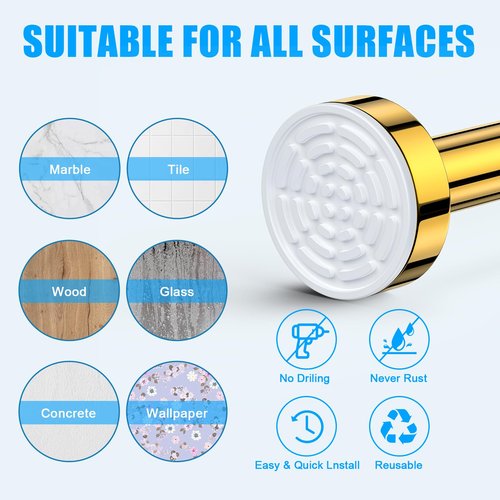 TEECK Shower Curtain Rod, 32-104 inch Adjustable Spring Tension Curtain Rod, Never Rust Anti-Slip Shower Curtain Rod for Bathroom, No Drilling, Never Collapse, Easy to Use, Gold