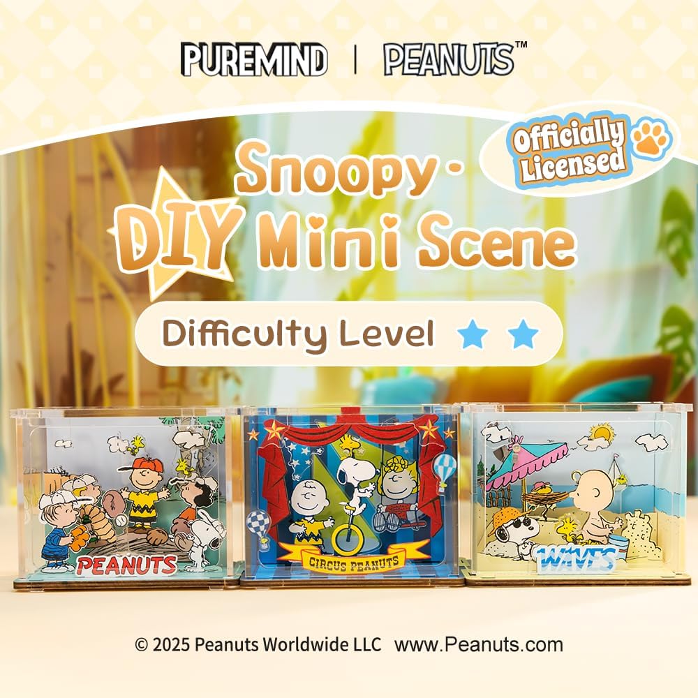 PUREMIND Snoopy Baseball Miniature Wooden Puzzle Kit - Officially Licensed 3D Display with Movable Characters