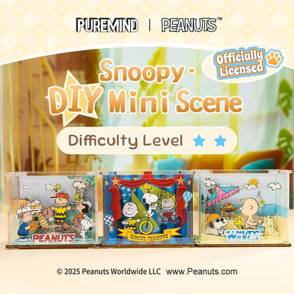 PUREMIND Snoopy Baseball Miniature Wooden Puzzle Kit - Officially Licensed 3D Display with Movable Characters
