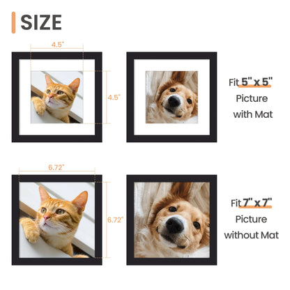 upsimples 7x7 Picture Frame, Display Pictures 5x5 with Mat or 7x7 Without, Wall Hanging Photo Frame, Black, 1 Pack