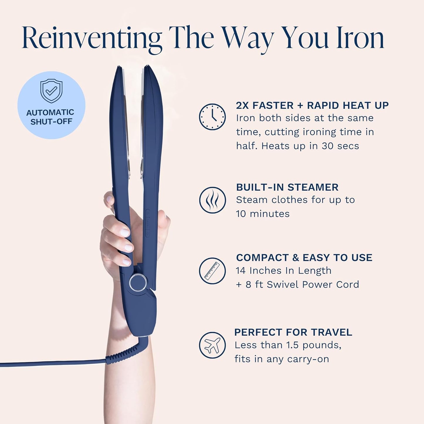 Nori Press Travel Steam Iron - Handheld Design with Steam Feature - No Ironing Board Needed - Navy