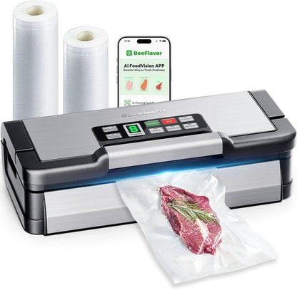 AquaLock Vacuum Sealer Machine - Fully Automatic Food Sealer with Built-In Cutter & 2 Bag Rolls | 130W, Stainless Steel