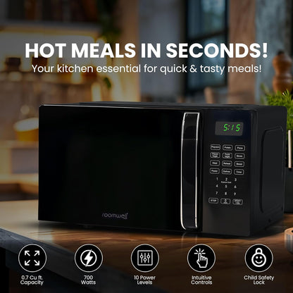 Skiennix 0.7 Cu Ft Microwave Oven - Compact Black Design with Digital Display & 10 Power Levels | Ideal for Dorms & Offices