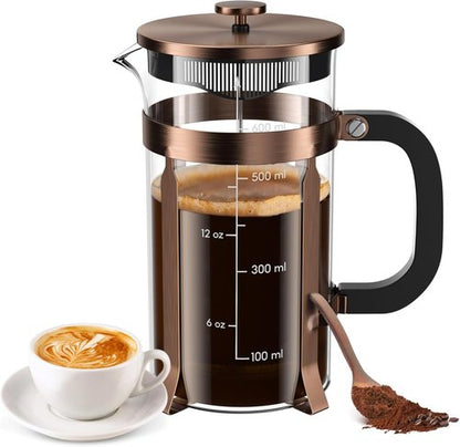 French Press Coffee Maker - 21 Ounce Stainless Steel & Borosilicate Glass - Perfect for Cold Brew & Espresso