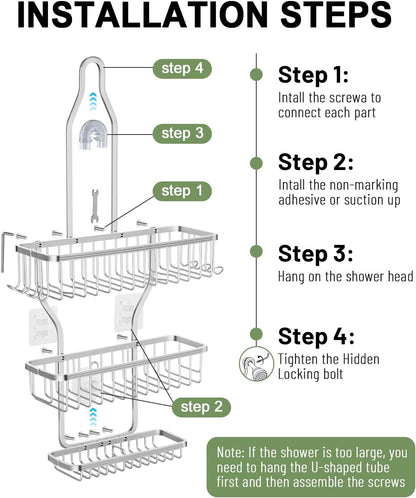 Regine Shower Caddy - Rust-Resistant Aluminum Hanging Organizer with 6 Hooks for Razors & Sponges | Silver