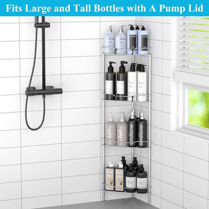 HuggieGems 4-Tier Corner Shower Caddy Organizer - Bathroom Shelf Stand Rack with Hooks, Silver
