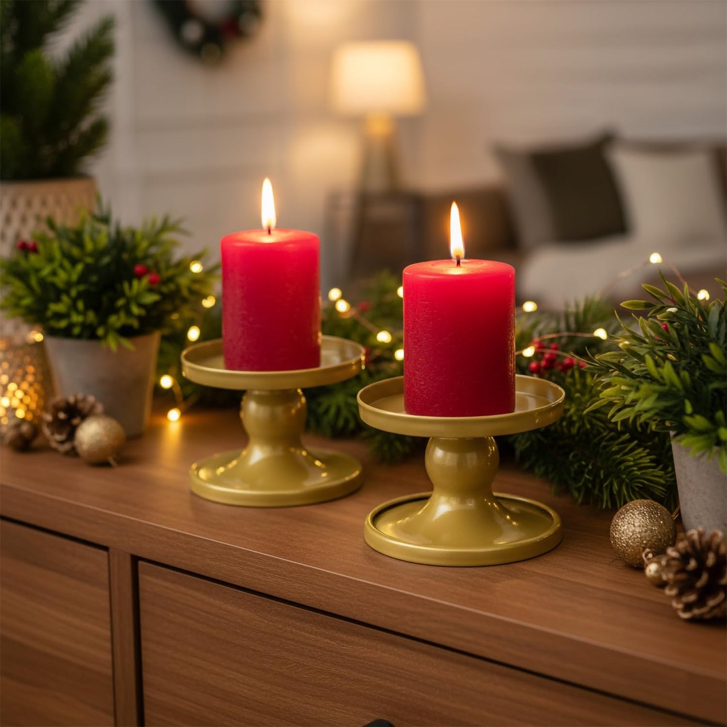 Table Gold Candle Holders - Set of 2 | Reversible Metal Stands for Pillar & Taper Candles | Elegant Home Décor for Weddings & Special Occasions