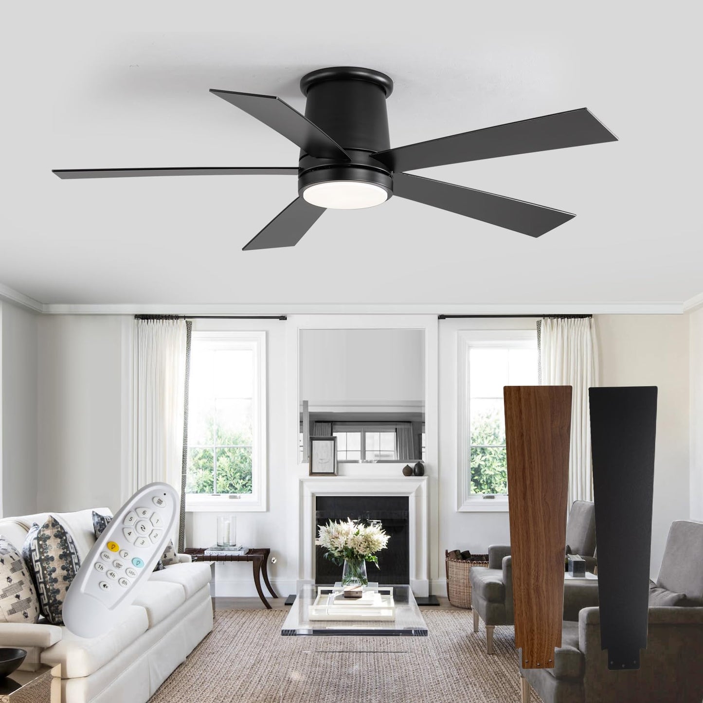 AuraQify 52'' Flush Mount Ceiling Fan, Black Ceiling Fan with Light, Dimmable, Silent 6 Speed DC Reversible Motor with Timer, for Indoor, Courtyard, Porch, Garage, Stores