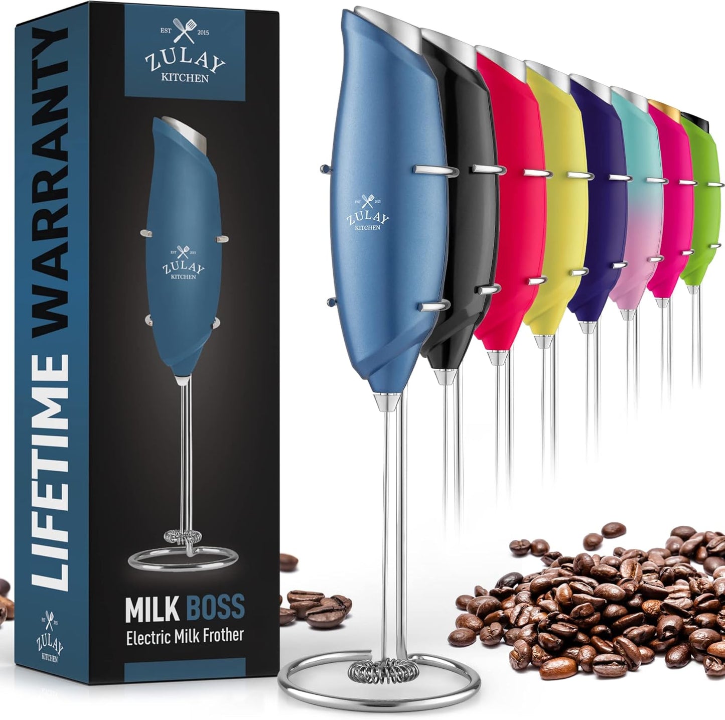Zulay Kitchen Powerful Rechargeable Milk Frother Handheld Lux Foam Maker for Lattes, Metallic Blue, Rechargeable