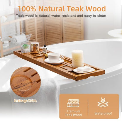 Flyjoe Luxury Teak Bathtub Tray - Foldable Bath Caddy with Expandable Handles, Wine Glass & Phone Holder, Book Stand - Enhance Home Spa Experience with Natural Material - Relaxing & Reading