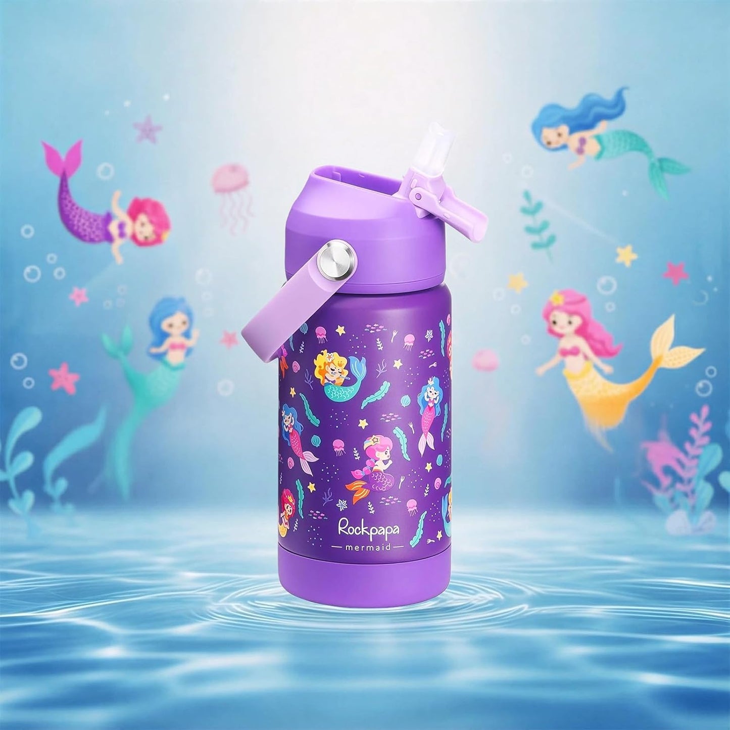 Rockpapa 14 oz Kids Insulated Water Bottle - BPA Free, Leak-Proof Design | Purple Mermaid