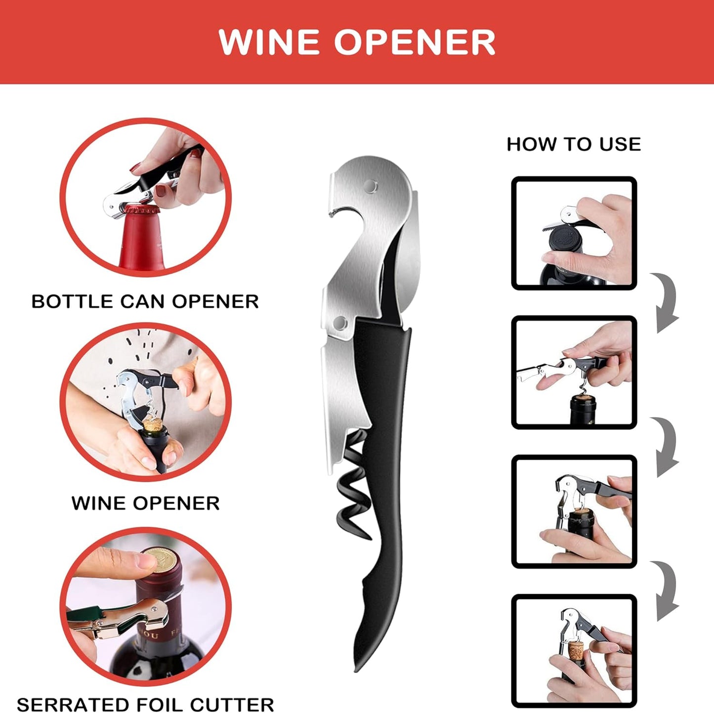 Skiennix Jar Opener - 5-in-1 Multi-Function Tool for Arthritis Relief | Non-Slip Grip & Corkscrew (Red)