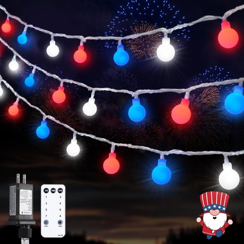 JMEXSUSS 100 LED Connectable Red, White, and Blue Globe String Lights - 33ft Indoor/Outdoor with Remote & 8 Modes for 4th of July Decor