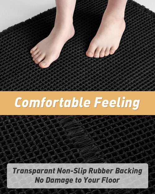 Upgraded Waffle Bath Mats Set of 2, Super Absorbent Non Slip Bath Mats for Bathroom Floor, Washable Boho Bathroom Rugs Set 2 Piece with Tassels, Soft Bathroom Mat Set, 17" x 24" (2 Pack), Black