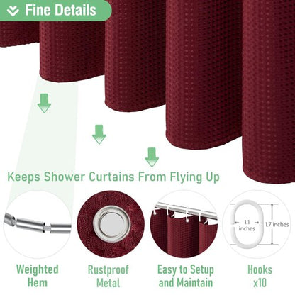 Dynamene Stall Shower Curtain - 60 inch Waffle Weave Heavy Duty Thick Fabric Shower Curtains for Bathroom, Weighted Hotel Spa Luxury Cloth Bath Curtain Set with 10 Plastic Hooks, 60x72, Burgundy