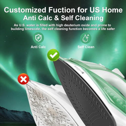 Martisan Steam Iron - 1600W Fast Heating with Non-Stick Ceramic Soleplate | Precise Thermostat, Green