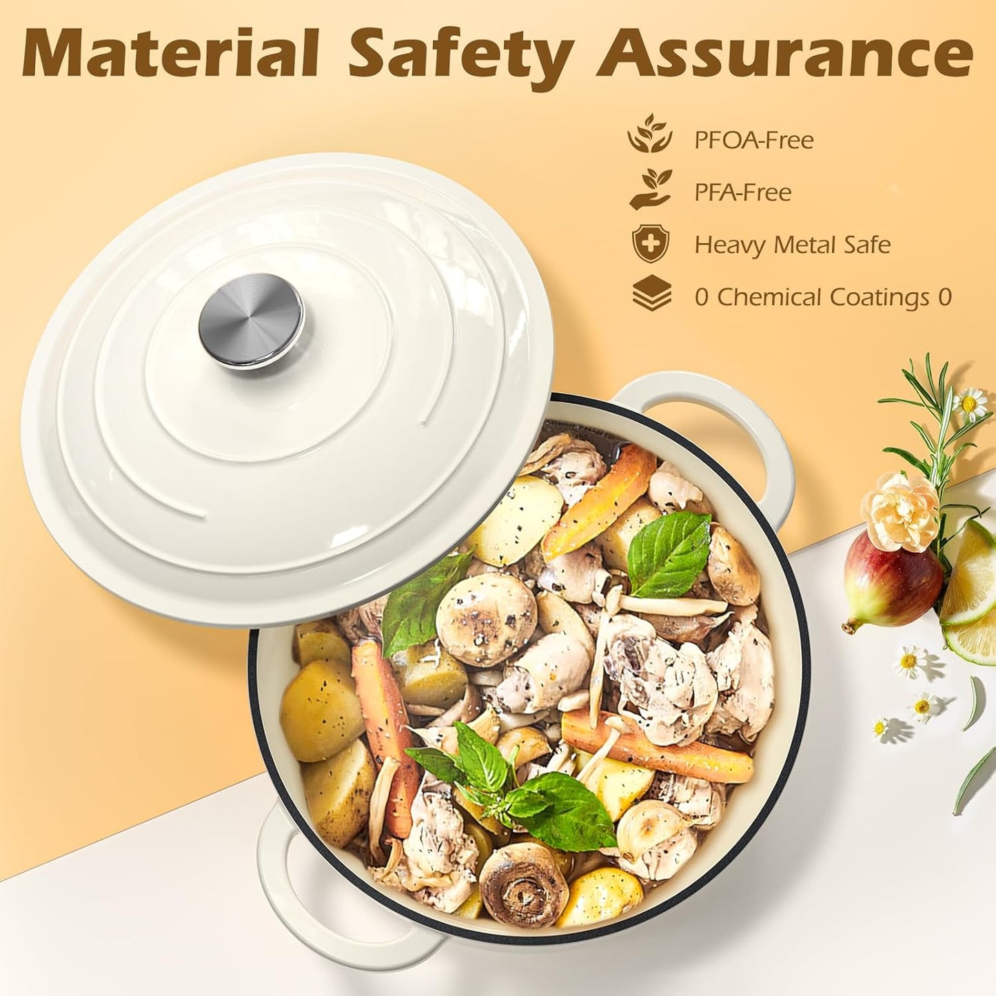 Umite Chef Enameled Cast Iron Dutch Oven - 5QT Heavy-Duty Pot with Lid & Potholders | Cream White for Baking & Stews