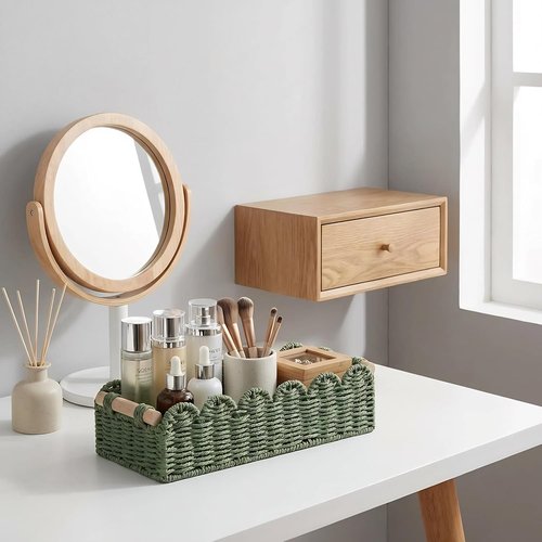 CubesLand Scalloped Edge Decor Baskets - Stylish Storage for Home | Set of 2 Green Paper Rope Baskets