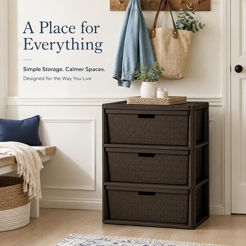 Wide 3-Drawer Decorative Organizer Chest Brown – Cross-Weave Storage Tower