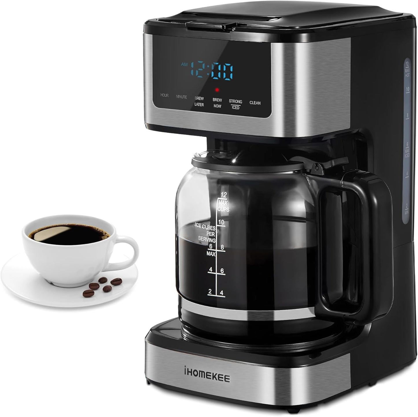 Skiennix Programmable Drip Coffee Maker - 12 Cup Capacity with Iced Coffee Function | Black & Stainless Steel