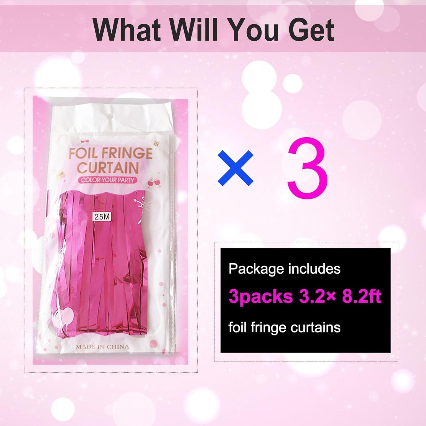 Valentines Day Party Decorations | Hot Pink Foil Fringe Curtains - 3 Pack, 3.2x8.2ft Backdrop