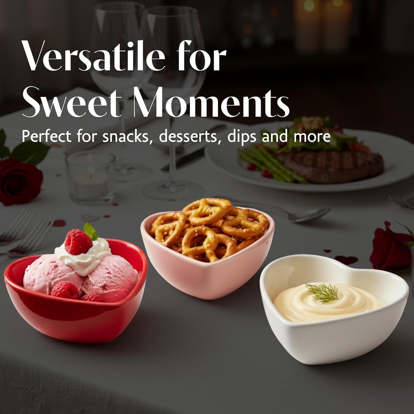 BIA Heart Dish Set - 3-Piece 6 oz Heart Shaped Stoneware Serveware for Snacks, Desserts & Dips