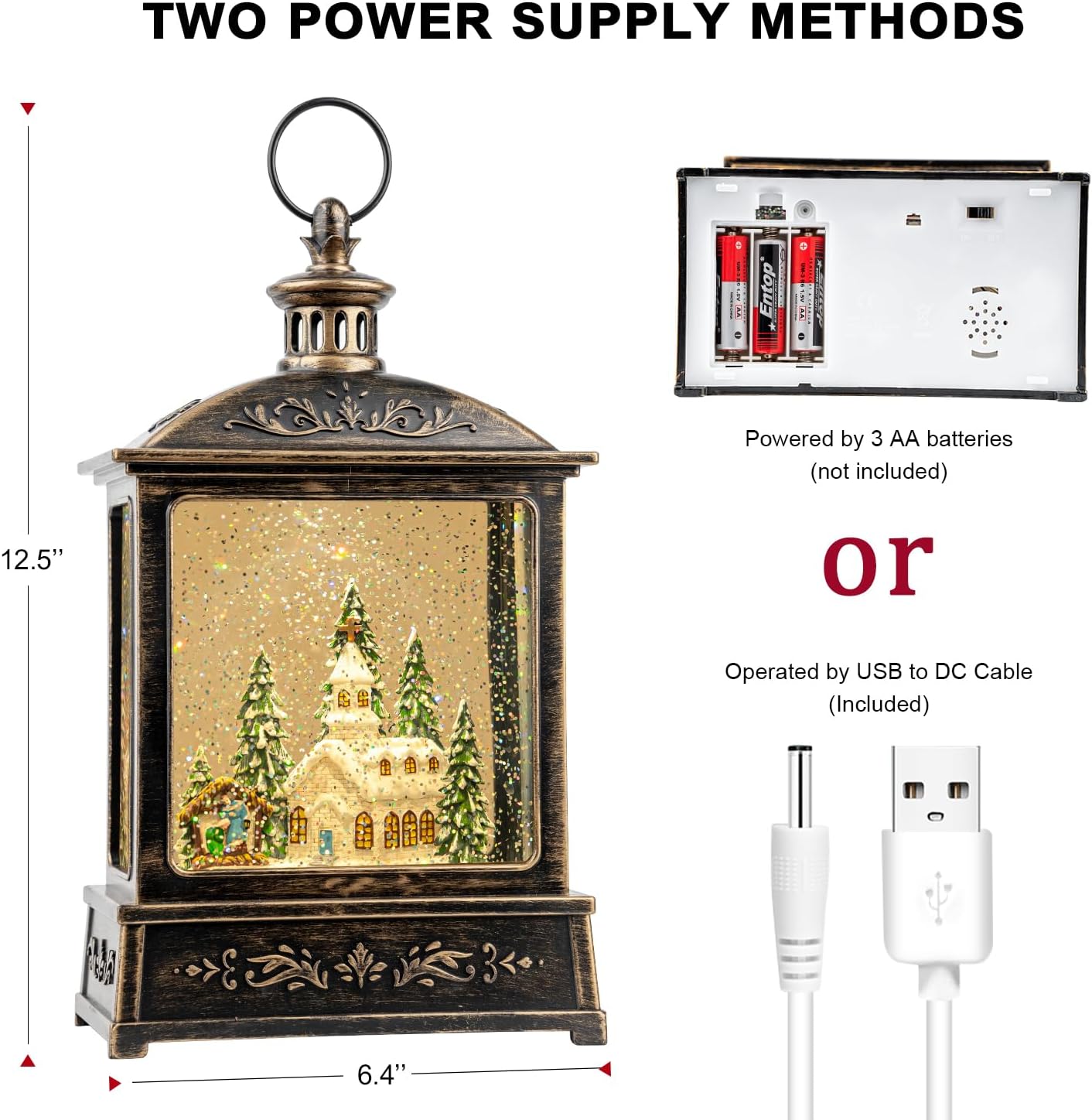 Skiennix 12.5'' Musical Snow Globe Lantern - Lighted Church with Nativity Scene | Battery or USB Powered Christmas Decor