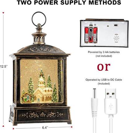 Skiennix 12.5'' Musical Snow Globe Lantern - Lighted Church with Nativity Scene | Battery or USB Powered Christmas Decor