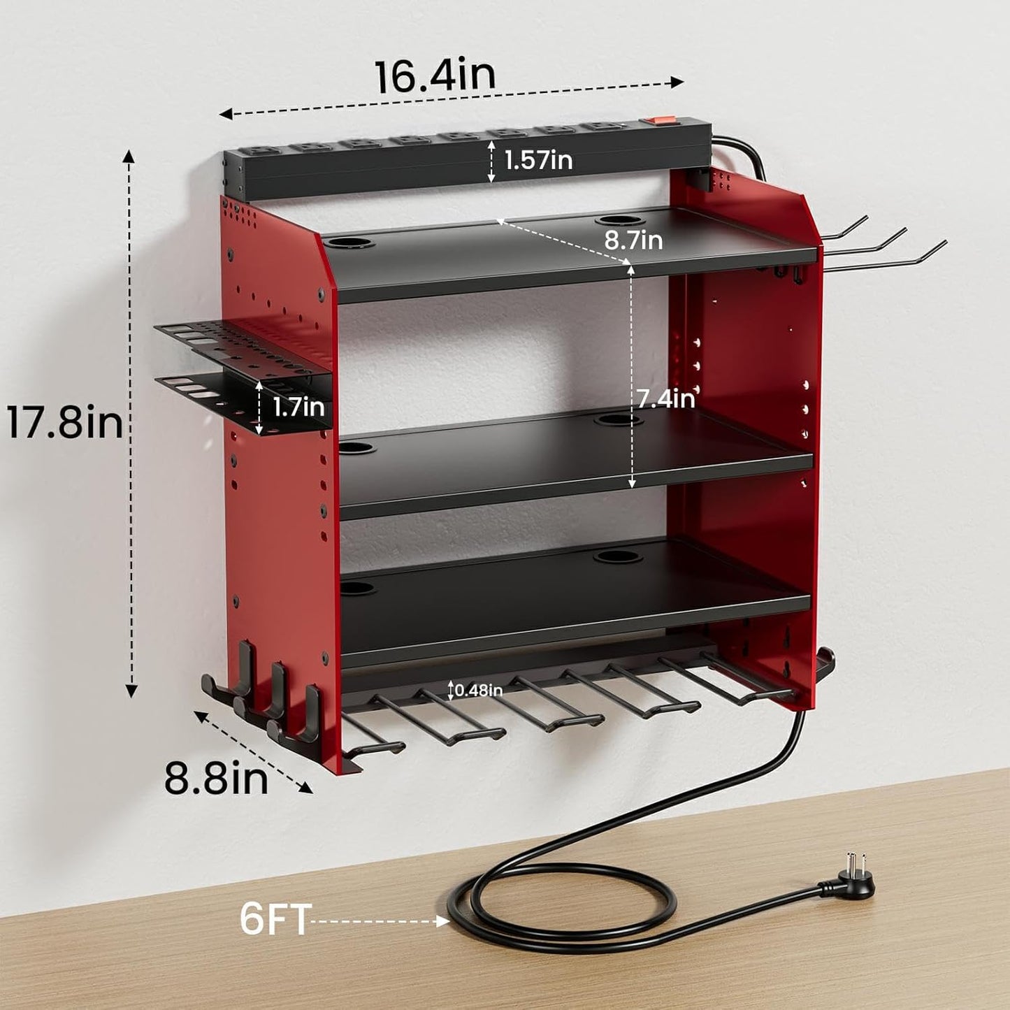 Power Tool Organizer - Wall Mount Charging Station with 8 Outlet Power Strips & Hooks | Heavy Duty 4 Layer Drill Storage Shelf