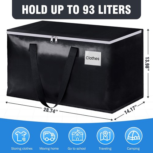 BlissTotes Collapsible Moving Bags - Heavy Duty Zippered Totes for Space-Saving Storage (93L, 6-Pack, Black)