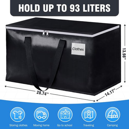 BlissTotes Collapsible Moving Bags - Heavy Duty Zippered Totes for Space-Saving Storage (93L, 6-Pack, Black)